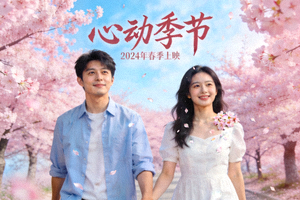 爱情剧《心动季节》海报：情侣在樱花树下漫步